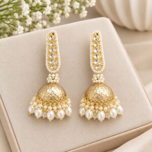 White Pearl Gold-Tone Long Jhumka Earrings | Statement Fashion Jewelry