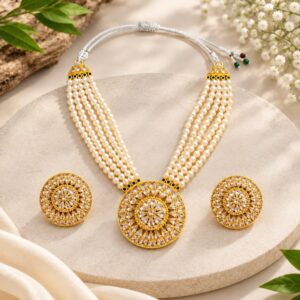 White Pearl Multilayer Statement Necklace & Round Earring Set | Fashion Jewelry