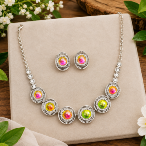 Silver-Tone Multicolor Crystal Statement Necklace & Stud Earrings Set | Fashion Jewelry