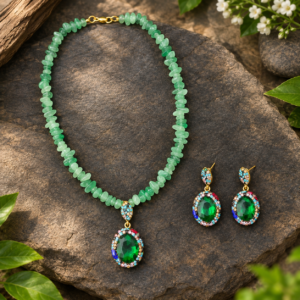 Green Beaded Crystal Pendant Necklace & Earring Set | Fashion Jewelry