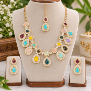 Multicolor Teardrop Kundan Style Necklace and Earring Set