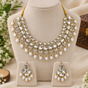 Silver-Tone Kundan-Style Pearl Bridal Necklace & Earring Set | Fashion Jewelry