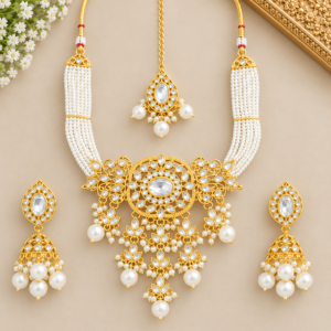 Gold Tone White Pearl Bridal Kundan Necklace and Earring Set