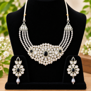 Silver Tone Black Stone Kundan Necklace and Earring Set