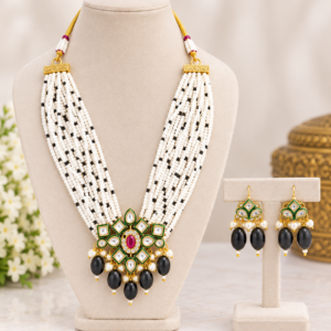 White and Black Beaded Kundan Necklace and Earring Set