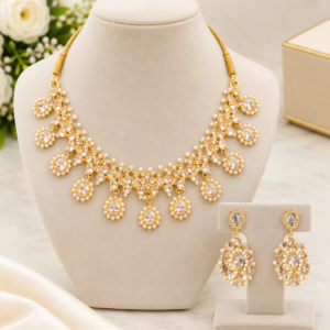 Gold Tone Champagne Crystal Pearl Necklace and Drop Earring Set