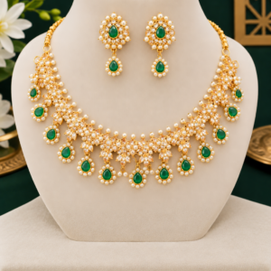Gold Tone Green Kundan Pearl Necklace and Earring Set