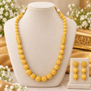Gold Tone Filigree Bead Long Necklace and Earring Set