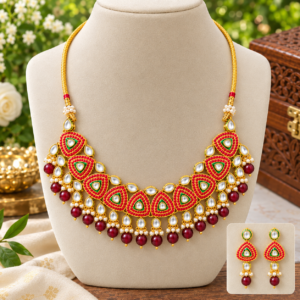 Red Green Meenakari Kundan Necklace and Drop Earring Set