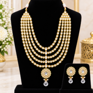 Gold Tone Multi Layer White Stone Necklace and Drop Earring Set