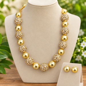 Gold Tone Leopard Print Beaded Necklace and Stud Earring Set