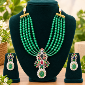 Green Beaded Multicolor Kundan Necklace and Earring Set