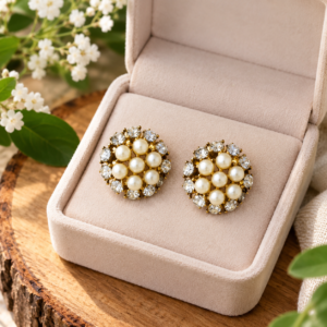 Gold Tone Pearl Crystal Round Stud Earrings