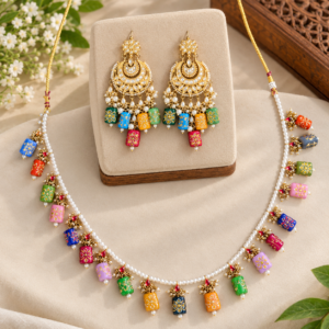 Gold Tone Multicolor Meenakari Pearl Necklace and Statement Earring Set