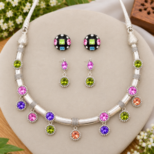 Silver Tone Multicolor Gemstone Necklace and Drop Earring Set