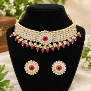 Ruby Red Kundan Choker Necklace and Stud Earring Set