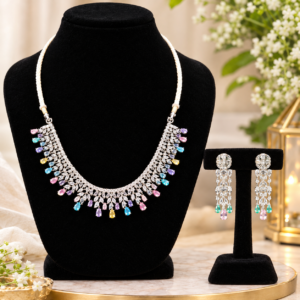 Silver Tone Multicolor Crystal Necklace and Drop Earring Set