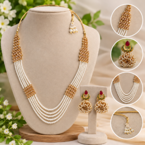 Gold Tone Multi Layer Pearl Kundan Necklace and Jhumka Set